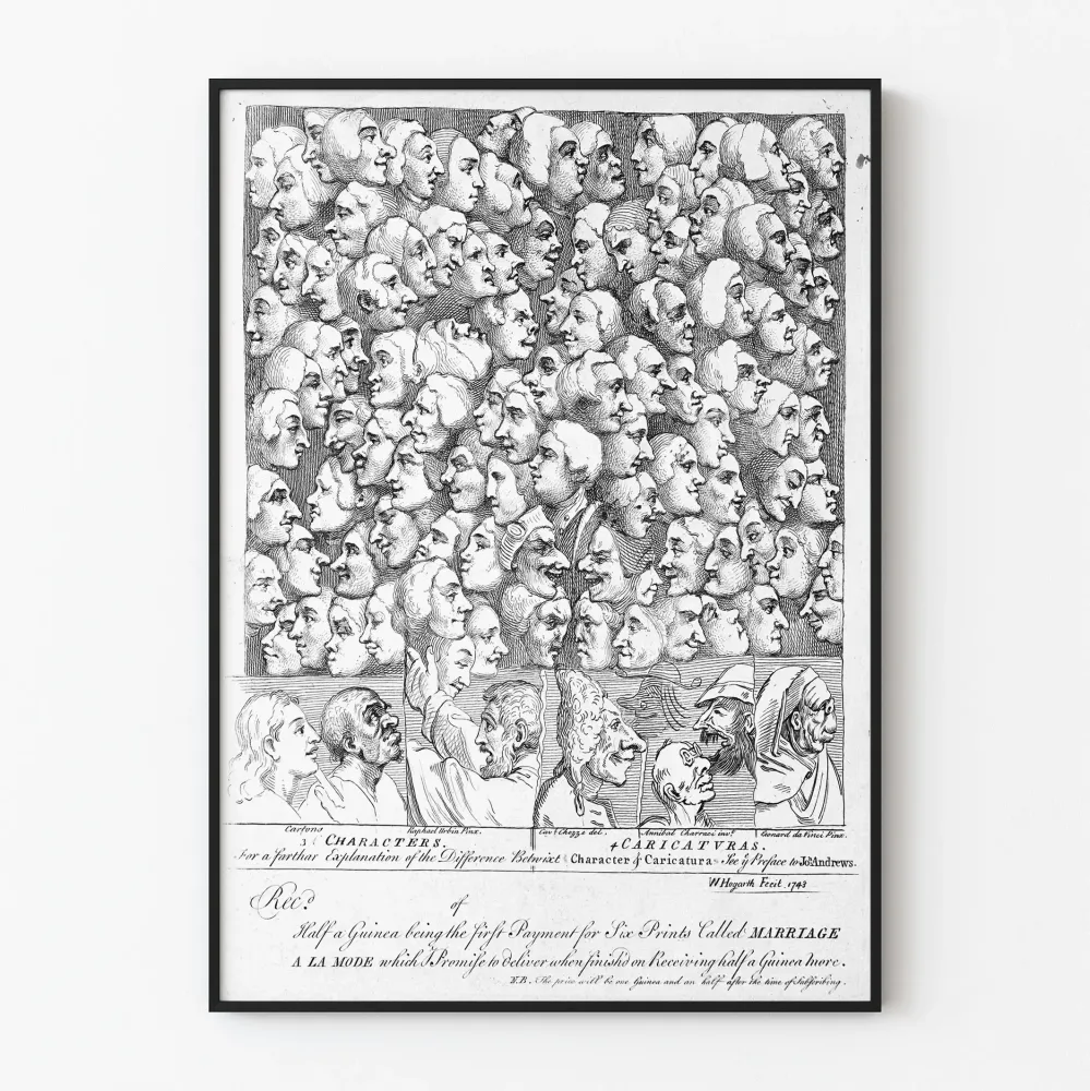Wintage artystyczny plakat z profilami i karykaturami w czerni i bieli