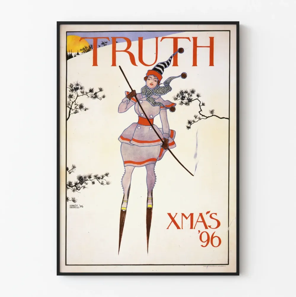 Wintage plakat bożonarodzeniowy 1896 - Kobieta na nartach w stylu retro