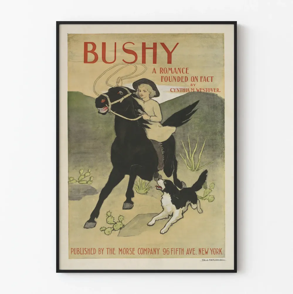 Wintage plakat Bushy z dzieckiem na koniu i psem