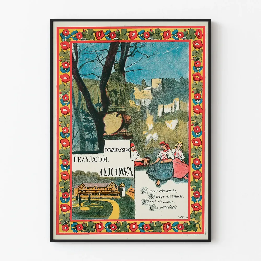 Wintage plakat dekoracyjny folklorystyczny z postaciami i historycznym krajobrazem