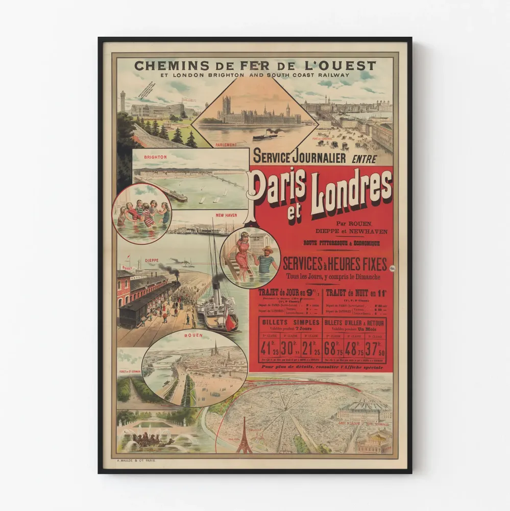 Wintage plakat dziennej służ Paryż Londyn - Koleje Zachodnie