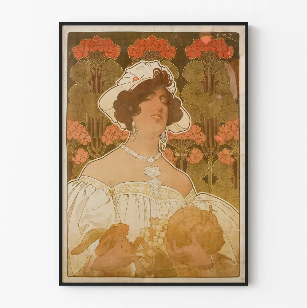 Wintage plakat eleganckiej kobiety z kwiatami i owocami dekoracyjnymi