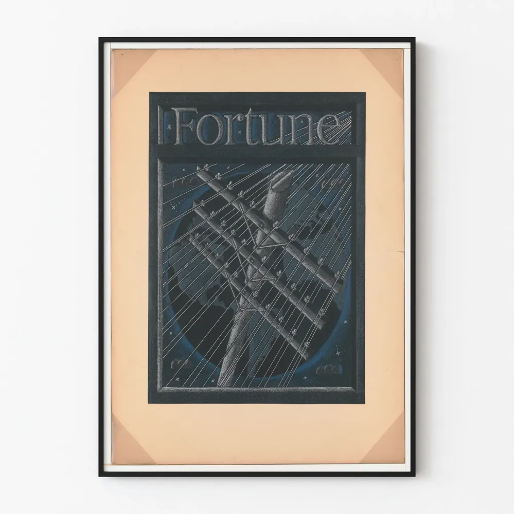 Wintage plakat graficzny Fortune z liniami telefonicznymi i globusem