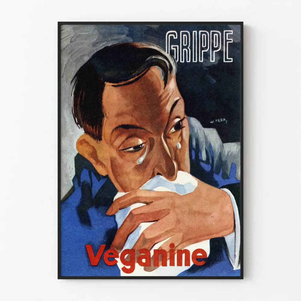 Wintage plakat Grippe Veganine, ilustracja chorego mężczyzny