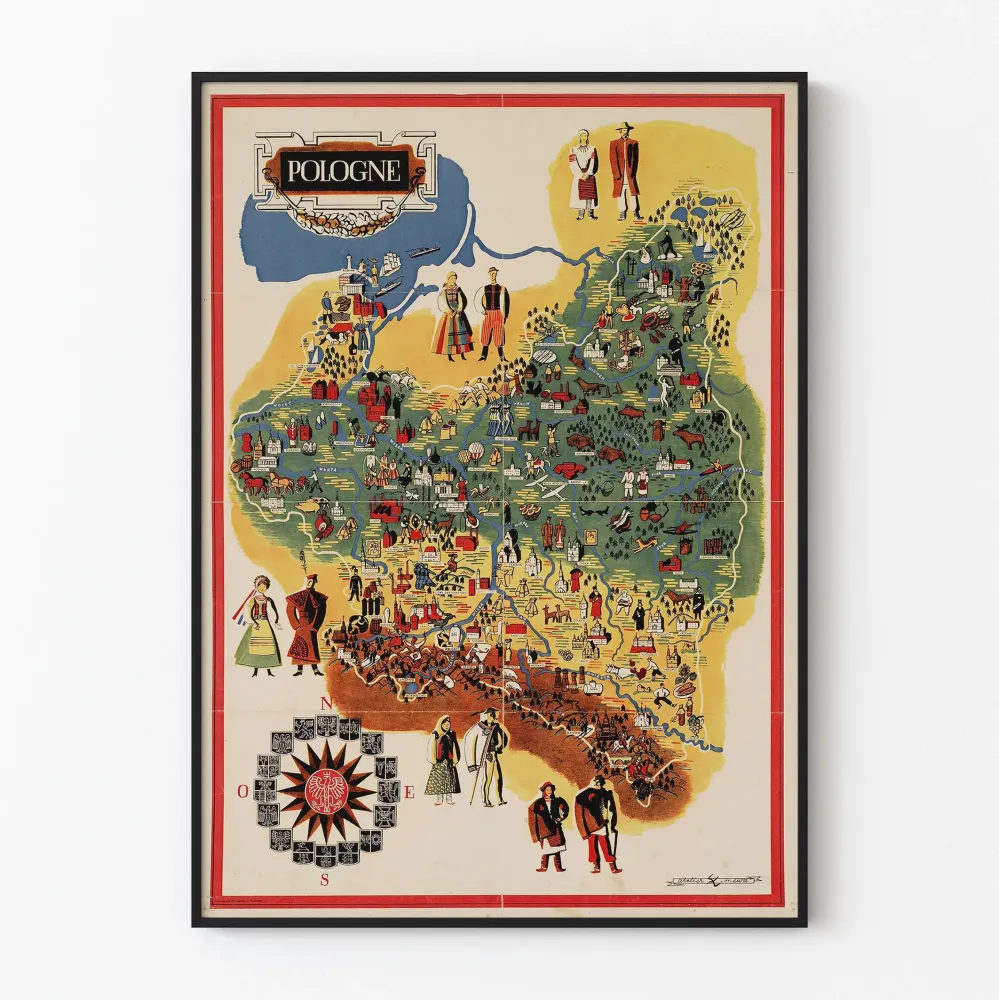 Wintage plakat z ilustracyjną mapą Polski - kulturowa dekoracja ścienna