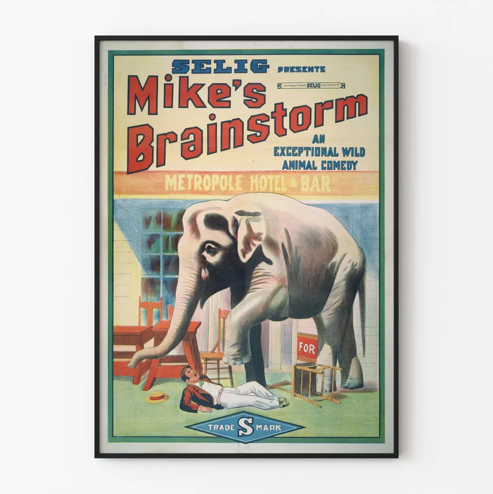 Wintage plakat Mike's Brainstorm z zabawnym słoniem