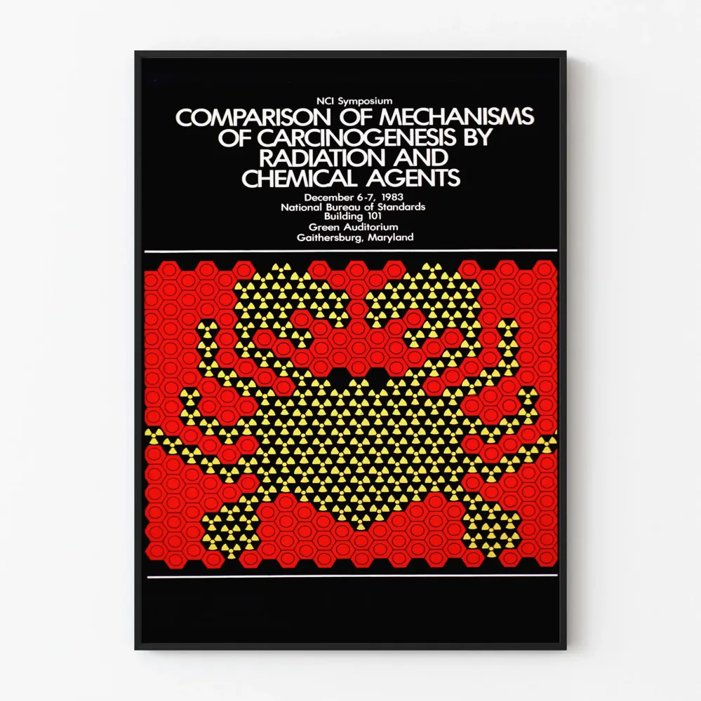 Wintage plakat naukowy o mechanizmach karcynogenezy przez promieniowanie i czynniki chemiczne