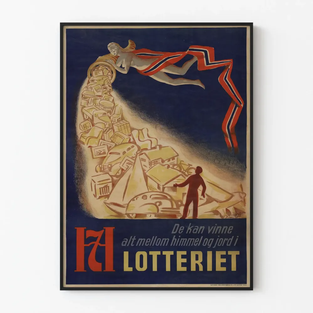 Wintage plakat norweskiej loterii - Kto może wygrać wszystko między niebem ziemią