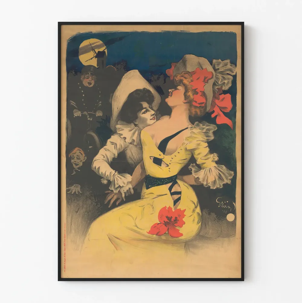 Wintage plakat Pierrot i młoda kobieta w żółtej sukni