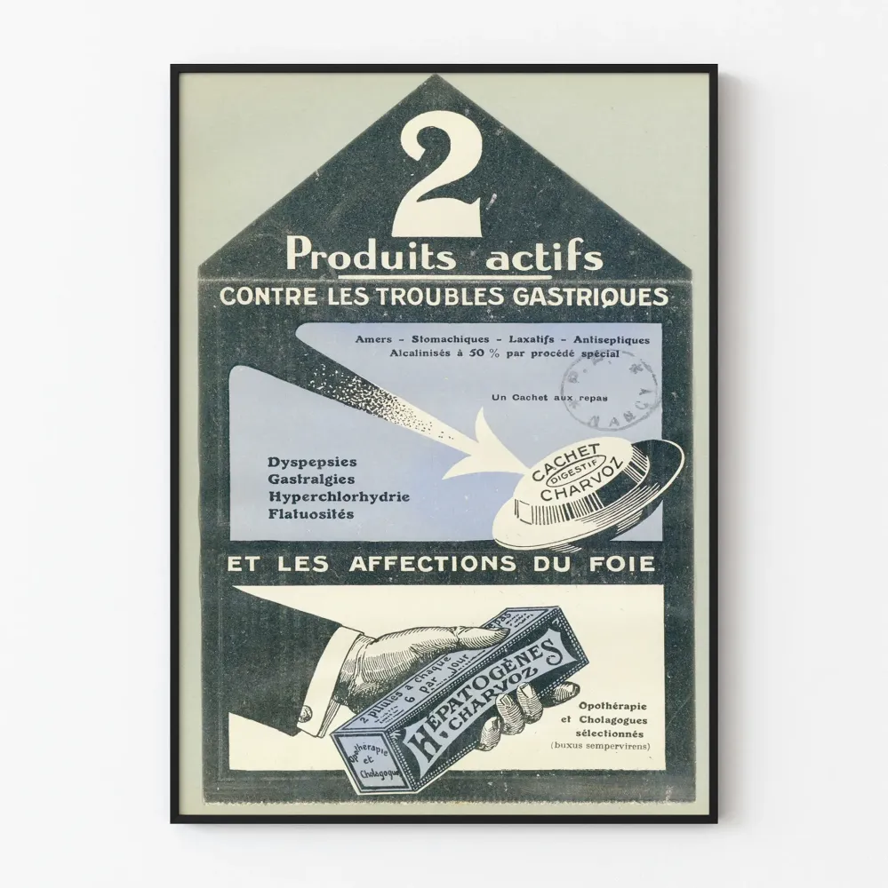 Wintage plakat na produkty aktywne przeciwko dolegliwościom żołądkowym i schorzeniom wątroby