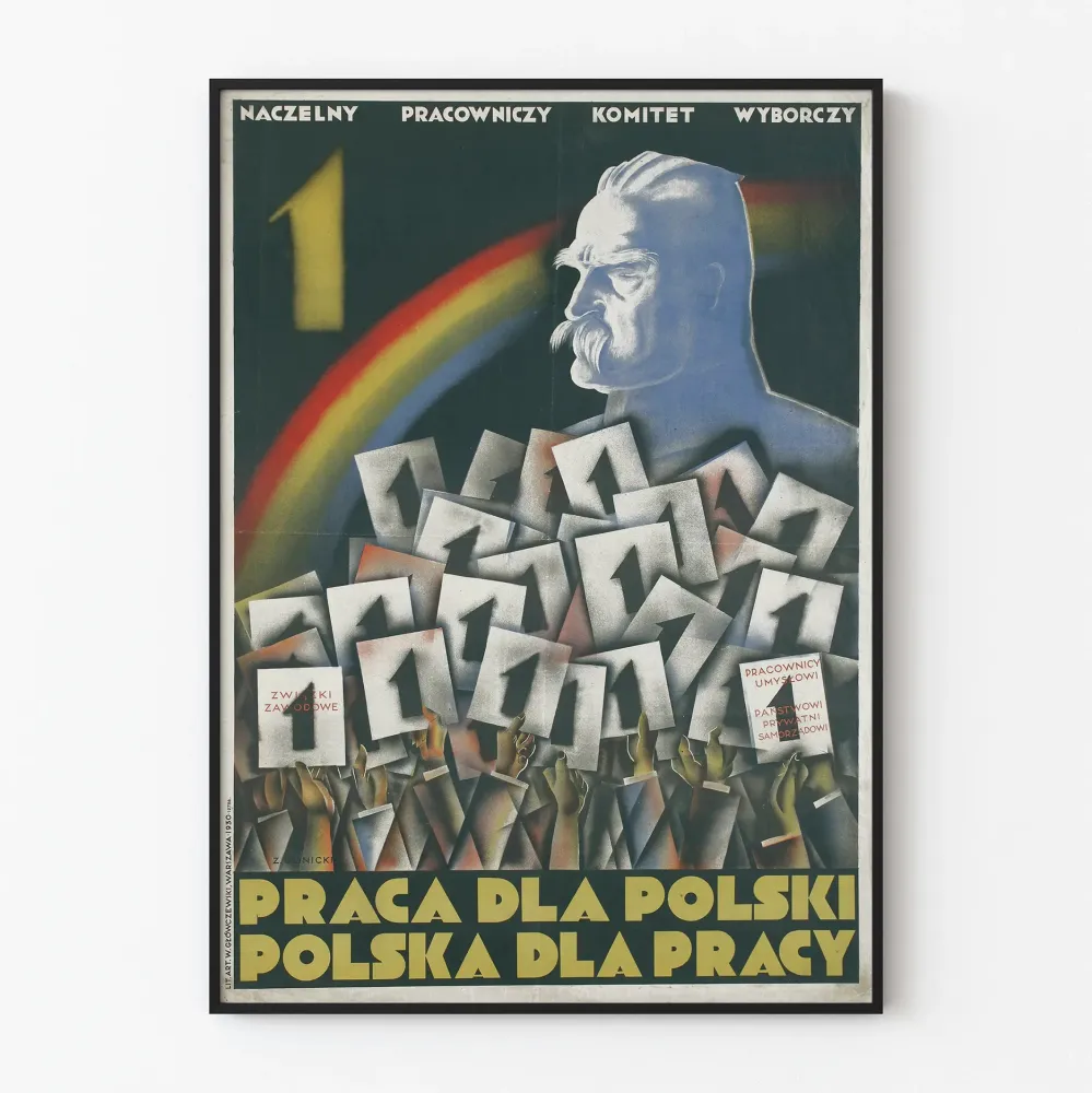 Wintage plakat propagandowy z Polski na temat pracy i zaangażowania narodowego