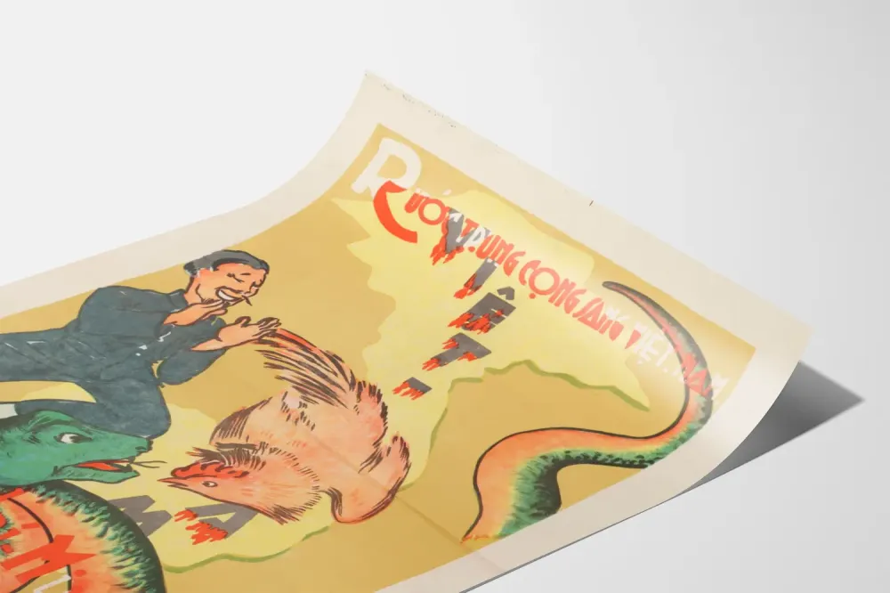 Wintage plakat propagandowy wietnamski z postacią i symbolicznymi zwierzętami