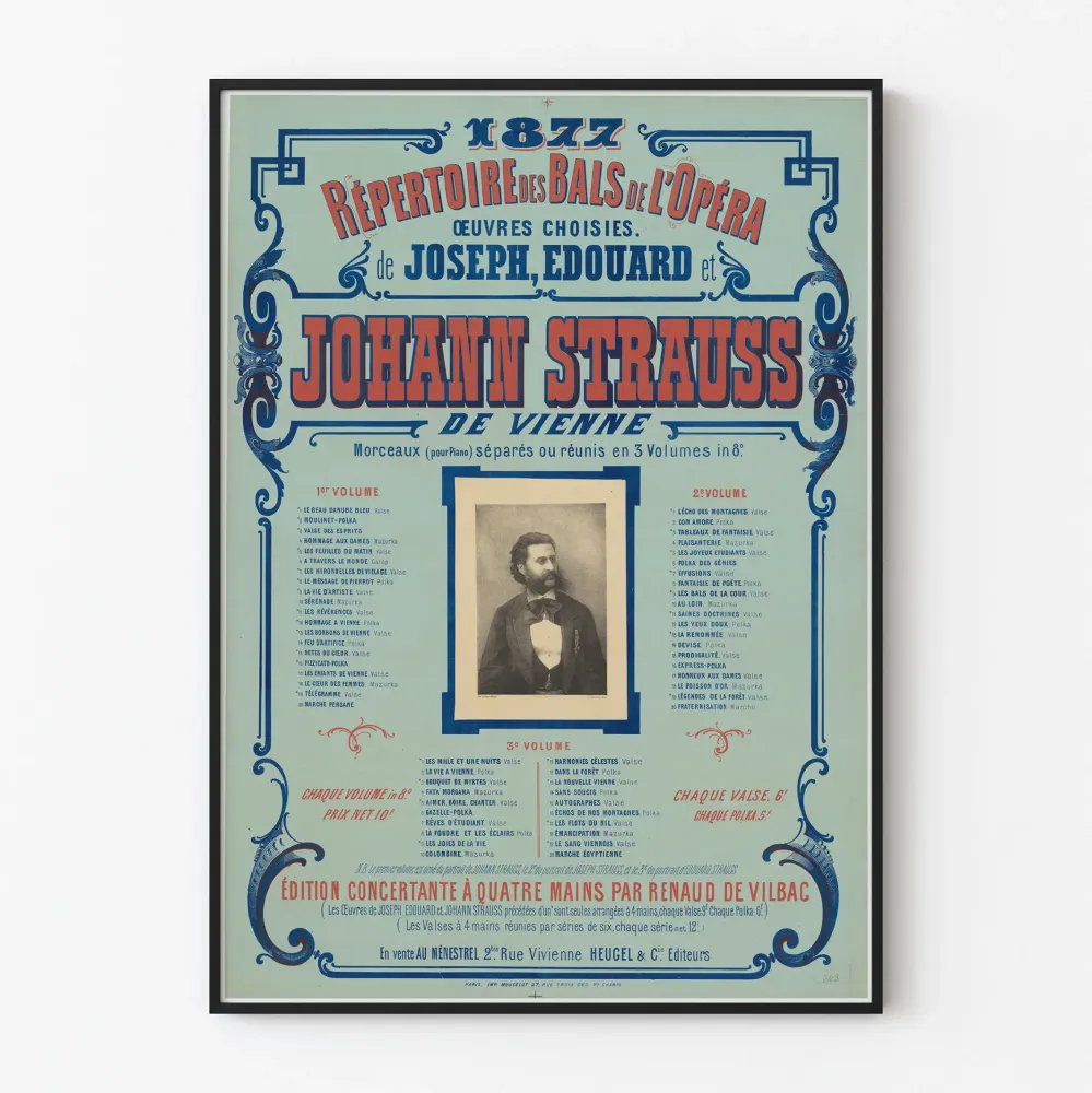 Wintage plakat Rejestr balów operowych 1877 Johann Strauss
