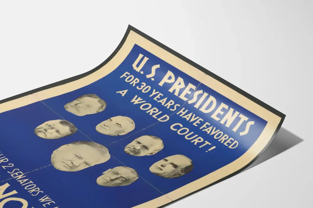 Wintage plakat na temat zaangażowania prezydentów amerykańskich w Międzynarodowy Trybunał Sprawiedliwości