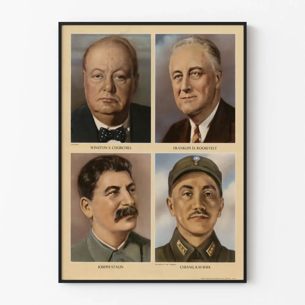 Wintage plakat światowych przywódców Winston Churchill, Franklin D. Roosevelt, Józef Stalina i Chiang Kai-szeka