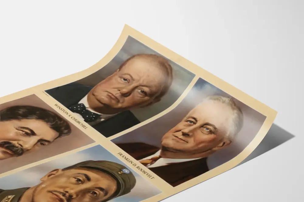 Wintage plakat światowych przywódców Winston Churchill, Franklin D. Roosevelt, Józef Stalina i Chiang Kai-szeka