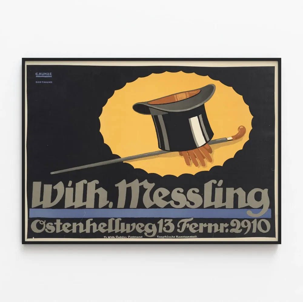 Wintage plakat Wilh. Messling z cylindrem i laską