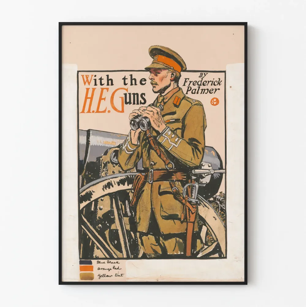 Wintage plakat wojskowy z oficerem i armatami