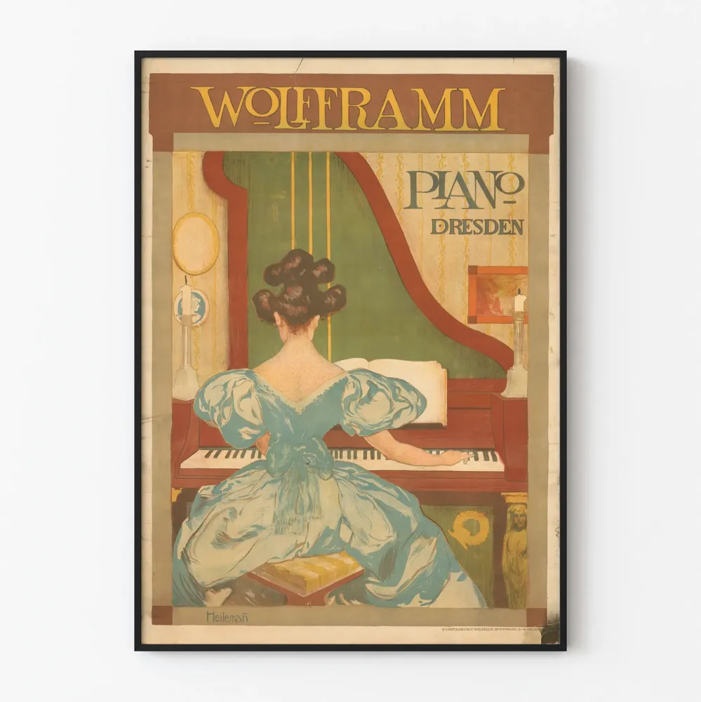 Wintage plakat Wolfframm Piano Drezno do dekoracji ściennej muzycznej