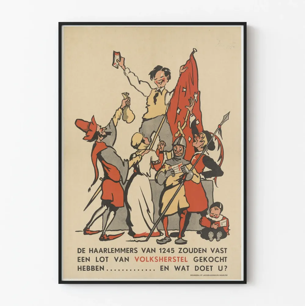 Wintage plakat wsparcia gospodarczego Volksherstel z postaciami średniowiecznymi