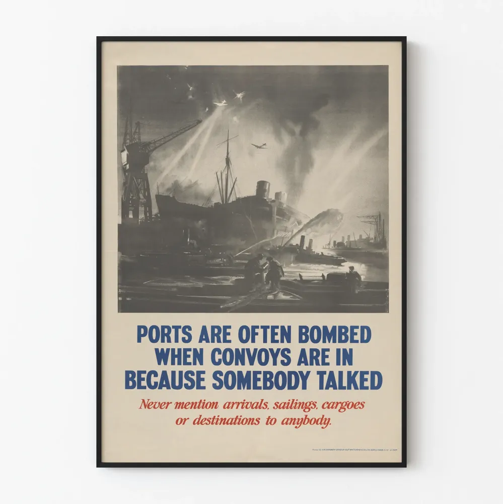 Witryna ścienna z plakatem vintage o ochronie konwojów w porcie