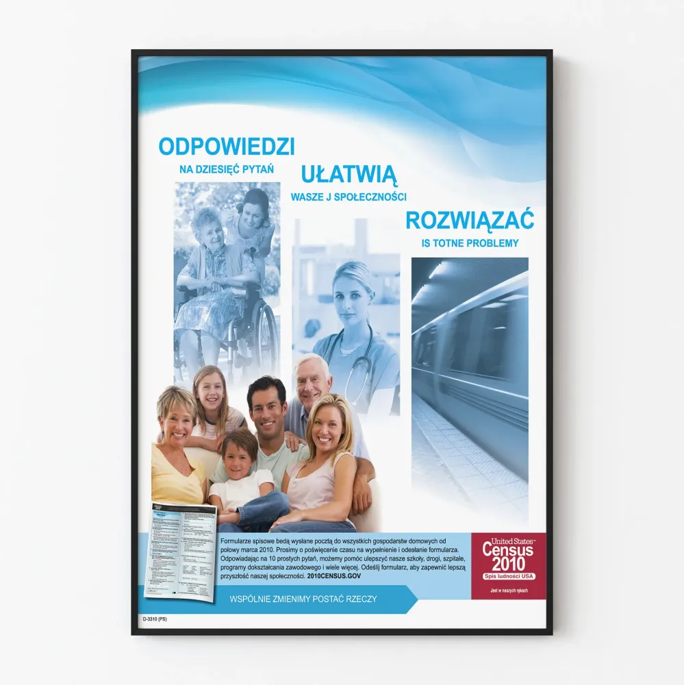 Witryna vintage z plakatem spisu powszechnego amerykańskiego 2010 w języku polskim