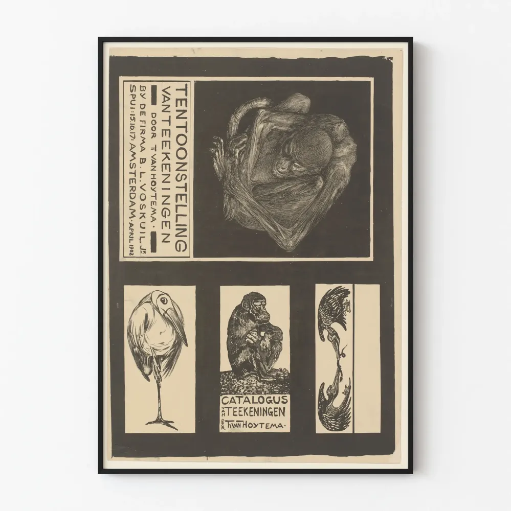 Wystawowy plakat vintage z małpami i ptakami w czerni i bieli