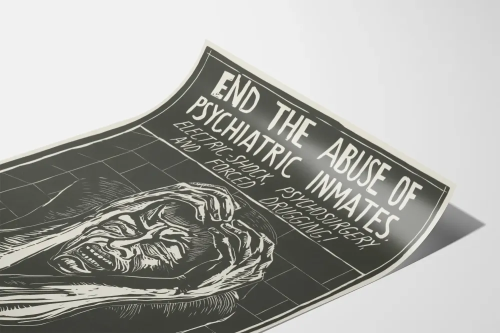 Zaangażowany plakat przeciwko nadużyciom w psychiatrii