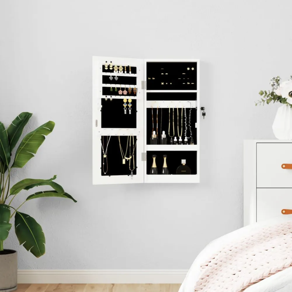 Wisząca szafka na biżuterię, z lustrem, biał, 30x8,5x67 cm
