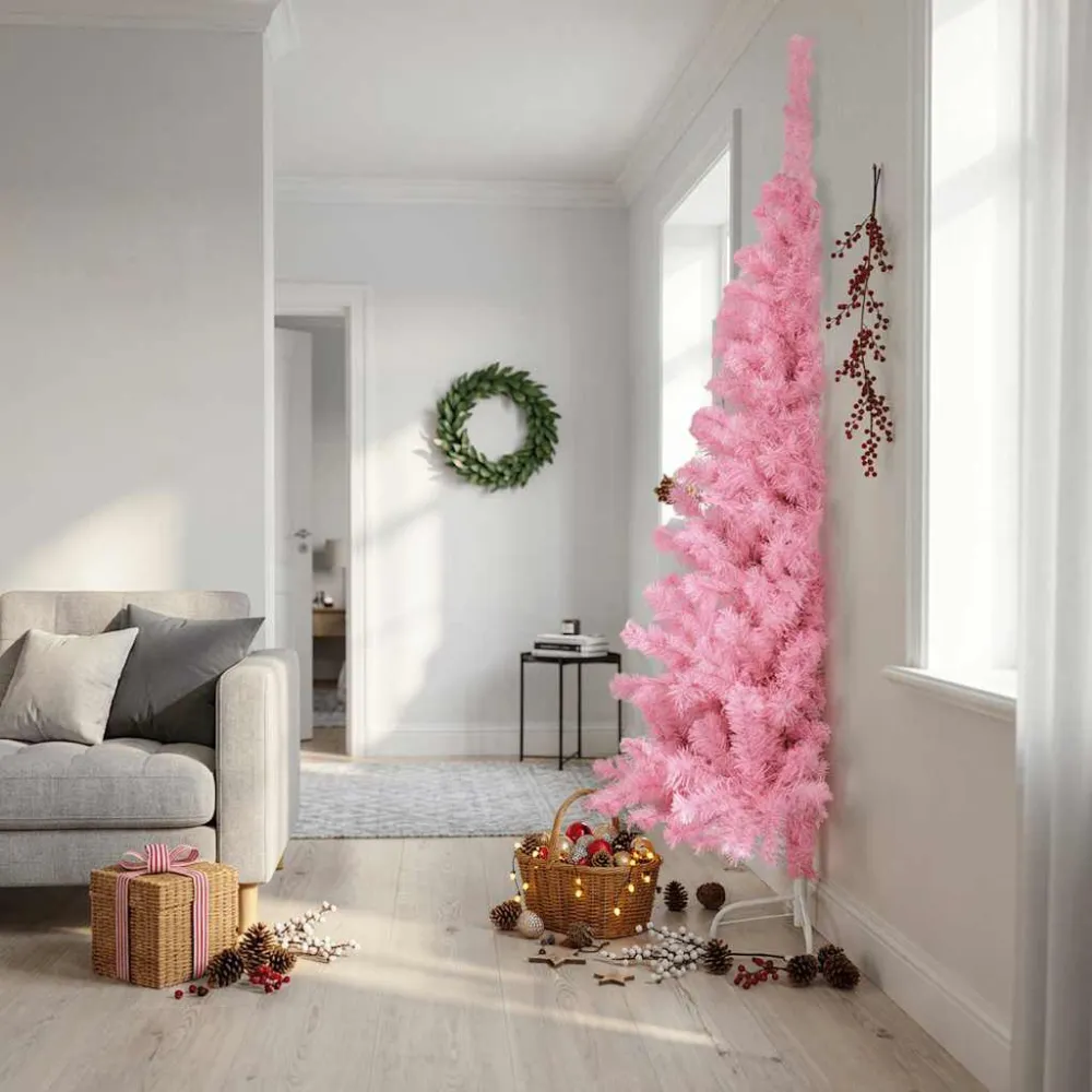 Meia árvore de Natal artificial com suporte 240 cm PVC rosa