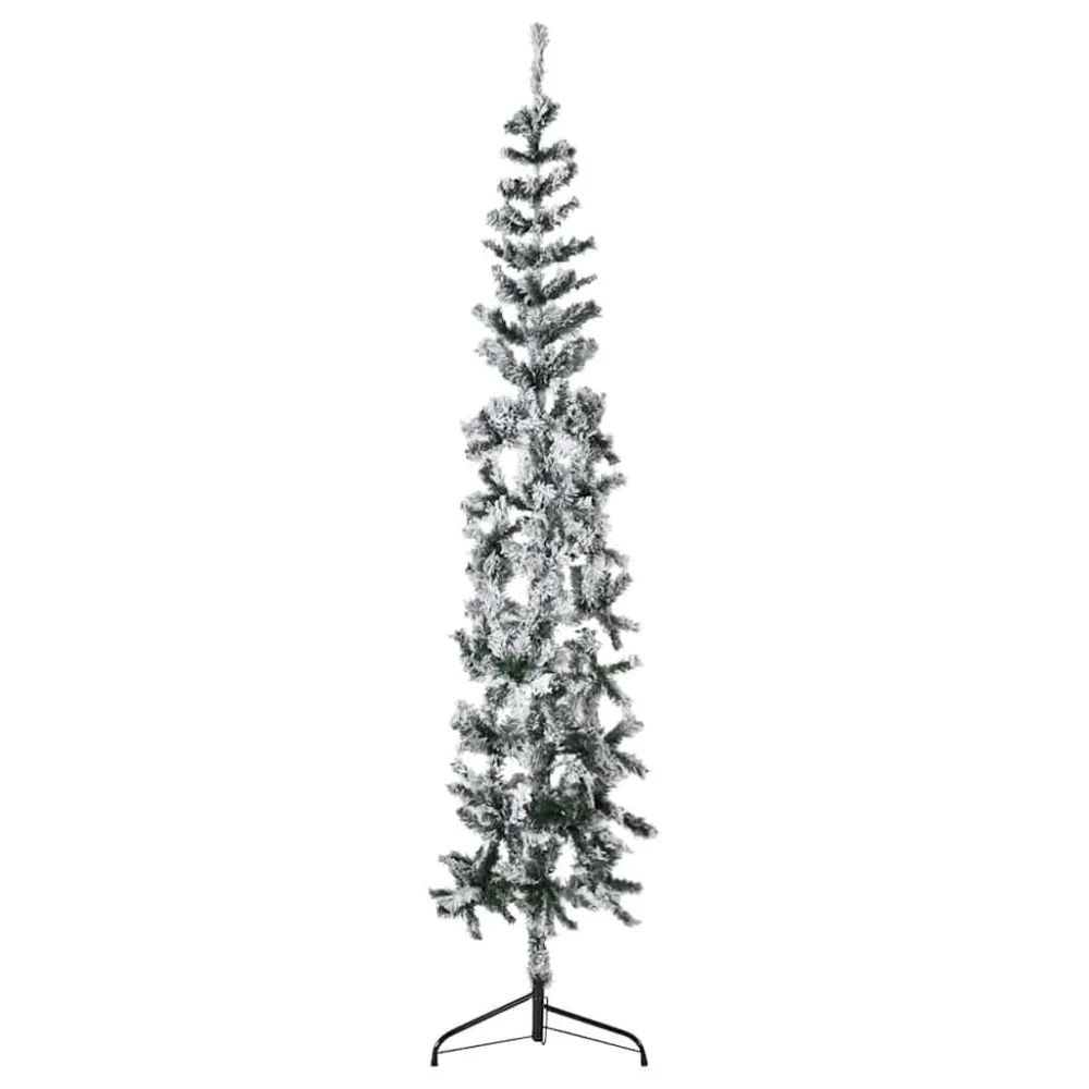 Meia árvore de Natal fina com flocos de neve 210 cm