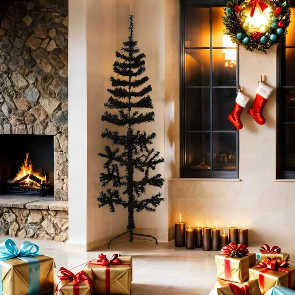 Meia árvore de Natal fina com suporte 180 cm preto
