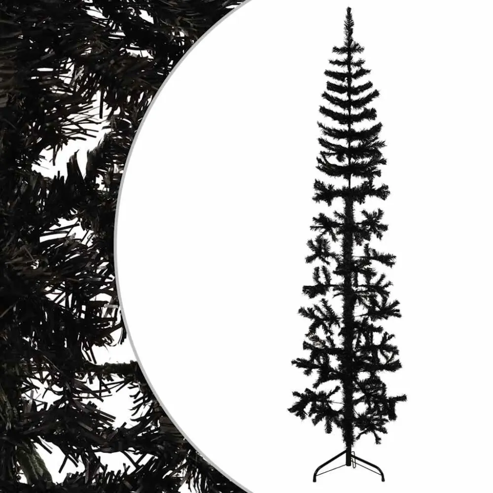 Meia árvore de Natal fina com suporte 180 cm preto