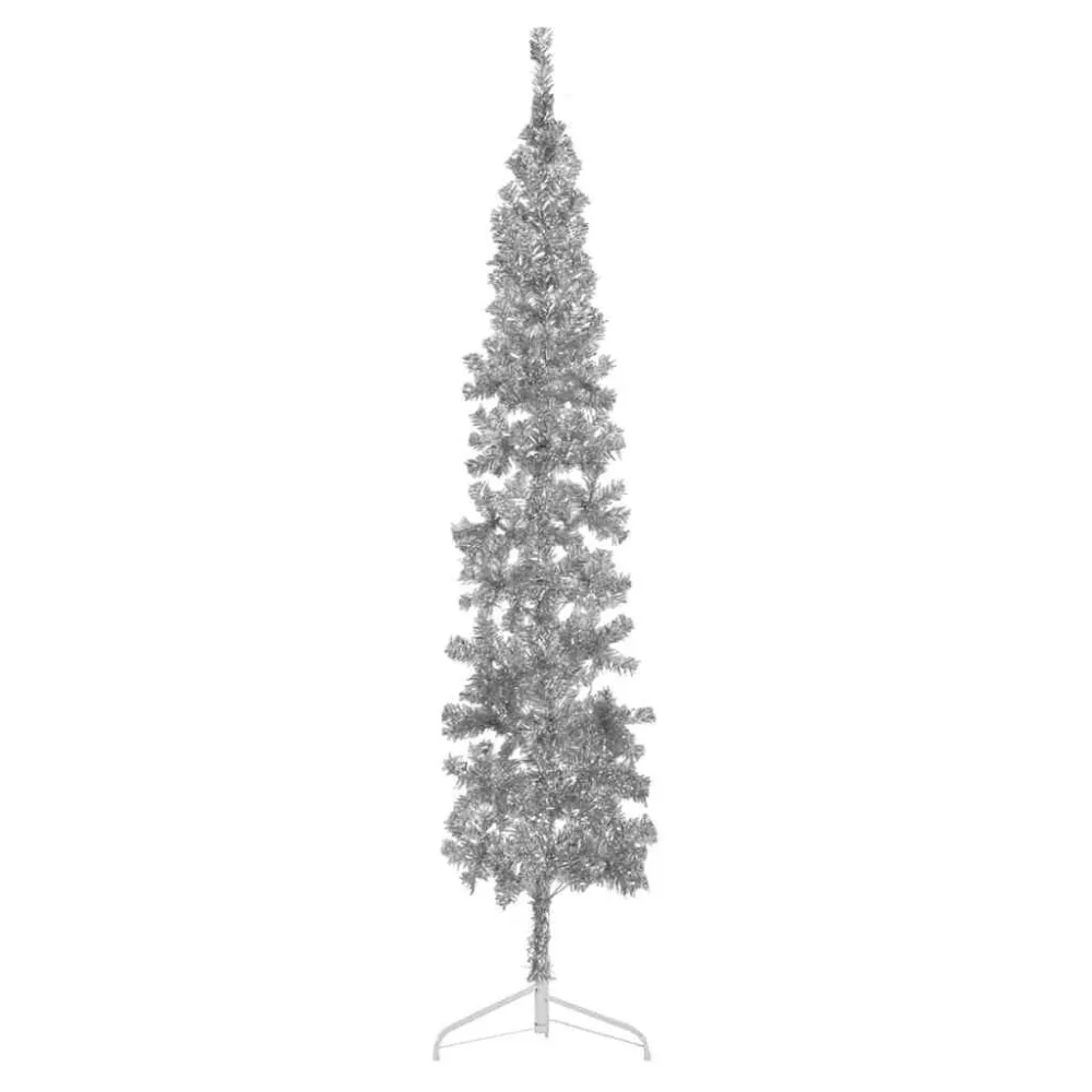 Meia árvore de Natal fina com suporte 210 cm prateado