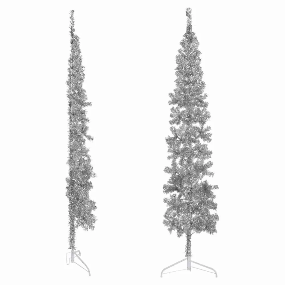 Meia árvore de Natal fina com suporte 210 cm prateado